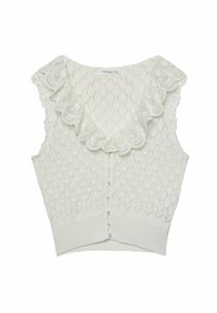 Biały dziergany crop top z diamentowym wzorem, koronkowym wykończeniem dekoltu i perłowymi guzikami z przodu; miękka tekstura i dopasowany fason.