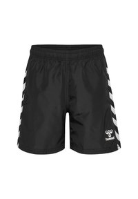 Svarta atletiska shorts av lättviktigt material. Har elastisk midja, sidofickor, vita chevron-ränder och en logotyp på den nedre benet.