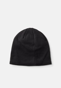 Gorro de punto negro sin costuras, con una textura suave y una corona redondeada. Presenta un sutil canalé y un ajuste ceñido.