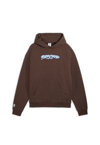 Hanorac maro din amestec de bumbac, prevăzut cu o buzunar frontal, glugă cu șnur și un broderie ușor albastră cu logo-ul "Puma Hoops".