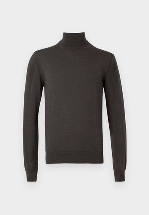 Jersey de cuello alto de manga larga en gris oscuro, con un corte ajustado y un sutil logo de la marca en el lado izquierdo del pecho.