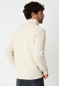 Pull en tricot beige avec un col montant et un motif en losanges texturé. L'ourlet et les poignets côtelés offrent un ajustement confortable. Vue de dos montrée.
