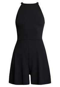 Černý žebrovaný overal s halter krkem, přiléhavým vrškem a rozšířenými šortkami. Obsahuje texturovanou látku a minimalistický design.