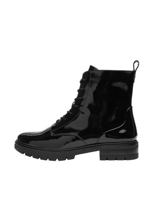 Black shiny patent leather lace-up ankle boot with rugged sole and pull tab at the back, shown from the outer side.