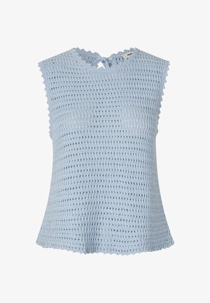 Top senza maniche di colore azzurro chiaro, realizzato in maglia con tessuto a trama aperta, orli ondulati e un piccolo nodo di chiusura sulla parte posteriore. Design casual e traspirante.