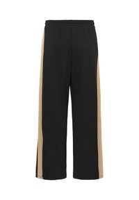 Pantalons larges noirs en tissu doux, avec des rayures beiges sur les côtés. Ceinture élastique pour le confort, et un design décontracté et relaxé.