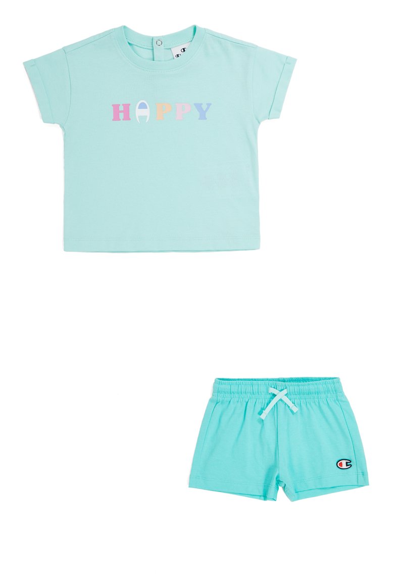 Camiseta de algodón turquesa con la palabra "HAPPY" en letras de colores y pantalones cortos a juego con cintura elástica y parche de logo.