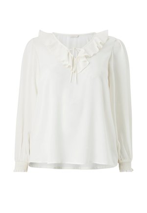 Weiße Bluse mit Rüschenausschnitt, langen Ärmeln und gerafften Bündchen. Glatte Textur, leichtes Material und lockere Passform.