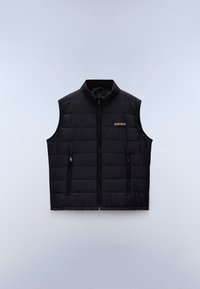 Czarna pikowana kamizelka bez rękawów z przednim zamkiem błyskawicznym, dwoma kieszeniami na zamek oraz małym prostokątnym logo na górnej lewej stronie klatki piersiowej.