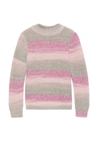 Pull en tricot avec un col rond, présentant des rayures horizontales rose, vert et crème. Tissu texturé et manches longues.