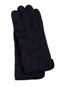 Dark gray wool gloves featuring a soft, textured surface and black trim along the cuffs, designed with five separate finger compartments.