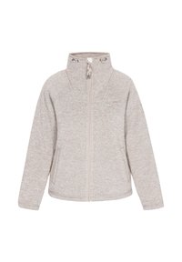 Lichtgrijze fleece jas met een hoge kraag, een rits aan de voorkant en twee zijzakken. Soepele textuur met een subtiel heatherpatroon.