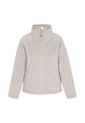 Heled hall fleece-jope kõrge krae, esikruvi ja kaks küljetaskut. Sile tekstuur koos peene heegeldatud mustriga.