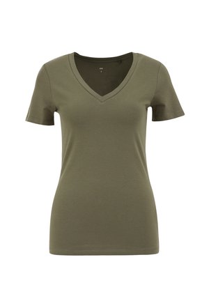 Olive zaļš V-veida krekliņš, kas izgatavots no mīksta kokvilnas, ar īsām piedurknēm, pieguļošu dizainu un gludu faktūru bez rakstiem vai akcentiem.