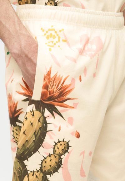 Χέρι στην τσέπη παντελονιού σε κρεμ χρώμα με λεπτομερή εκτύπωση κάκτου και κόκκινου λουλουδιού, με αφηρημένα ροζ και κίτρινα σχήματα.