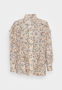 Blouse à manches longues en tissu léger, avec une base blanche ornée de motifs floraux orange et noirs. Épaules froncées et col montant.