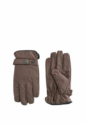 Pair of brown fabric winter gloves, one showing the back with snap button strap, the other showing the palm with gathered wrist.