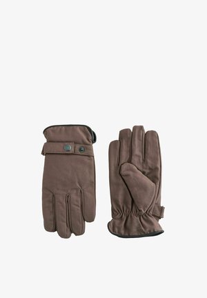 Paar braune Winterhandschuhe aus Stoff, eines zeigt die Rückseite mit Druckknopfriemen, das andere zeigt die Handfläche mit gerafftem Handgelenk.