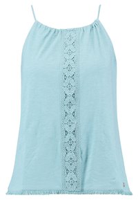 Haut sans manches bleu clair avec une insertion en dentelle au centre et un ourlet à franges. Confectionné dans un matériau doux avec des bretelles ajustables.