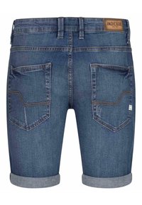 Blue denim shorts with rolled cuffs, featuring two back pockets and contrasting stitching. A leather brand label is attached at the waist.