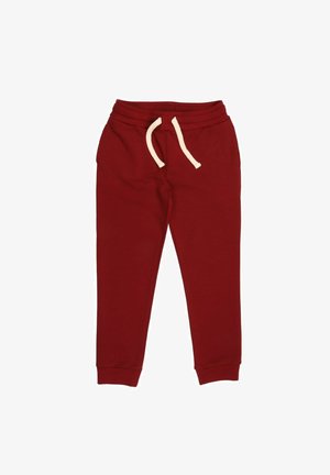Rote Baumwoll-Jogginghosen mit einem Kordelzugbund, elastischen Bündchen an den Knöcheln und einer glatten Textur. Keine weiteren Details sichtbar.