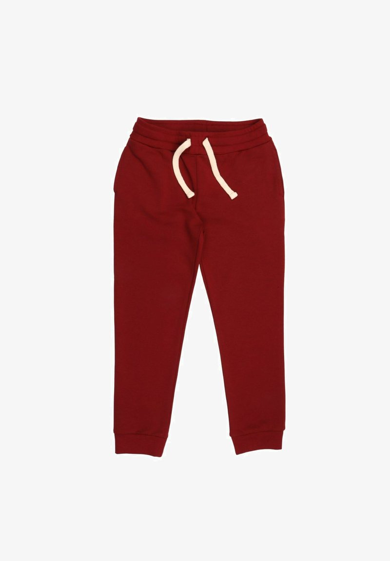 Rote Baumwoll-Jogginghosen mit einem Kordelzugbund, elastischen Bündchen an den Knöcheln und einer glatten Textur. Keine weiteren Details sichtbar.