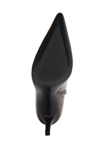 Chaussure à talon haut marron avec un bout pointu, dessus en cuir lisse et semelle en caoutchouc texturé présentant des rainures horizontales pour l'adhérence.