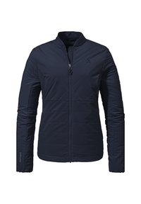 Granatowa pikowana kurtka z kołnierzem typu stójka, przednim zamkiem błyskawicznym i długimi rękawami. Charakteryzuje się pikowanym wzorem i smukłą sylwetką, wykonana z gładkiej tkaniny.