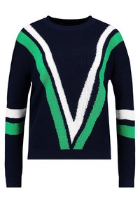 Granatowy sweter z dzianiny z zielonymi i białymi wzorami w kształcie litery V. Prążkowana faktura, długie rękawy, z paskami na rękawach.