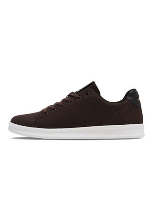 Brown synthetic sneakers with a smooth texture, white rubber sole, and perforated detail on the sides. Black leather accent at the heel.