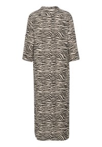 Abito lungo e comodo con stampa animale, caratterizzato da strisce zebra nere e beige, maniche corte e colletto classico con schiena aperta.