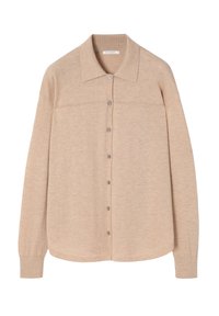 Chemise beige à manches longues avec boutons, col pointu, poignets en côtes et sept boutons visibles sur le devant au centre.