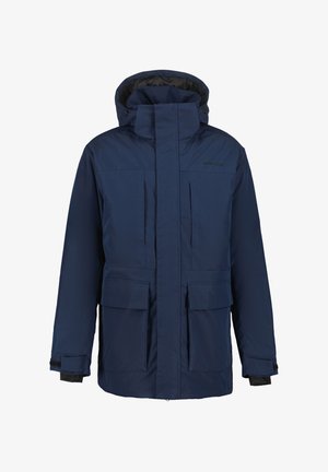 Tummansininen eristetty talvitakki, jossa on huppu, täysi etuvetoketju, kaksi rintataskua ja kaksi alaista taskua läpällä sekä säädettävät rannekkeet.