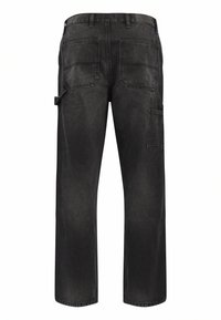 Sorte denim cargo bukser med løs pasform, synlige sømme, to baglommer og en sidelomme, med et lige ben design.