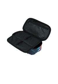 Borsa cosmetica nera con colori vivaci, dotata di un esterno in tessuto morbido, compartimenti elastici e una tasca zip interna.