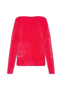 Roter Chenille-Pullover mit langen Ärmeln, gerippten Bündchen und Saum, versehen mit kleiner silberner Schrift auf der unteren Vorderseite und dem Ärmel.