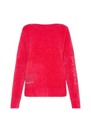 Red chenille sweater with long sleeves, ribbed cuffs and hem, featuring small silver text on the lower front and sleeve.