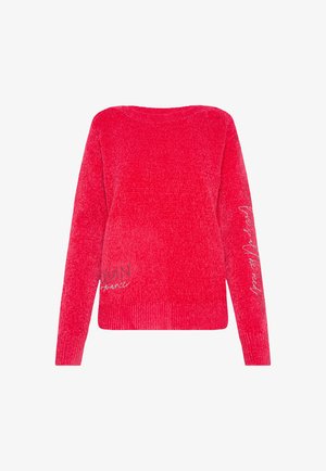 Red chenille sweater with long sleeves, ribbed cuffs and hem, featuring small silver text on the lower front and sleeve.