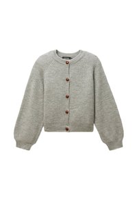 Cardigan gris en tricot avec un col rond, des manches raglan et des boutons en bois sur le devant. Texture douce, design court.
