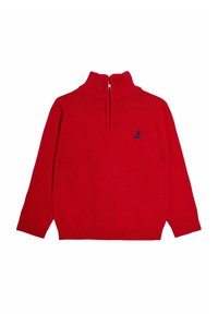 Rode trui met lange mouwen en een geribbelde hoge kraag, voorzien van een kwart ritssluiting, met een klein blauw zeilbootlogo op de linkerkant van de borst.
