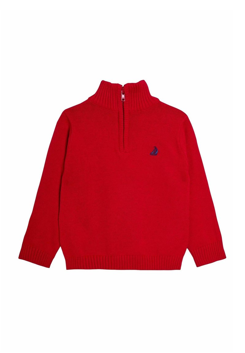 Rode trui met lange mouwen en een geribbelde hoge kraag, voorzien van een kwart ritssluiting, met een klein blauw zeilbootlogo op de linkerkant van de borst.