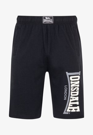 Shorts de algodón negros con cinturilla elástica, bolsillos laterales y un gran logo en blanco y gris "LONSDALE" impreso en la pierna izquierda.