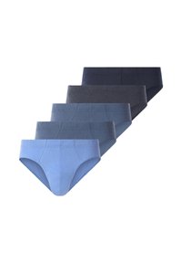 Fünf Herren Baumwollslips in verschiedenen Blautönen, fächerförmig auf einem weißen Hintergrund angeordnet.