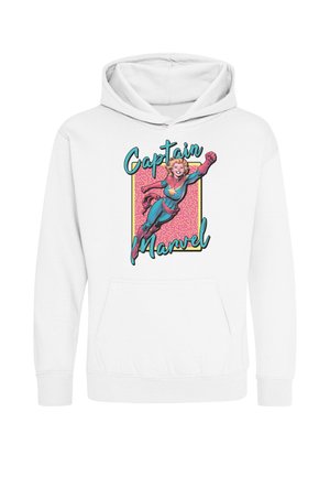 Felpa bianca con cappuccio con grafica colorata di Captain Marvel che vola, sfondo rosa e testo con scritto "Captain Marvel" in lettere corsive turchesi.