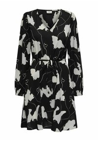 Robe noire à manches longues, décolleté en V, motif floral blanc, taille cintrée avec ceinture à nouer, tissu fluide, longueur genoux, texture douce.