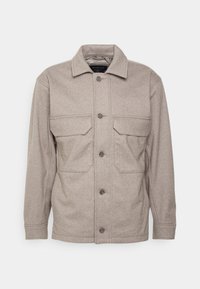 Lichtbruine wollen blendjas met knoopsluiting aan de voorkant en twee borstflapzakken, lange mouwen en een klassieke kraag.