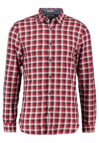 Herren Slim-Fit Langarm-Hemd mit rotem, schwarzem und weißem Karomuster sowie klassischem Kragen.