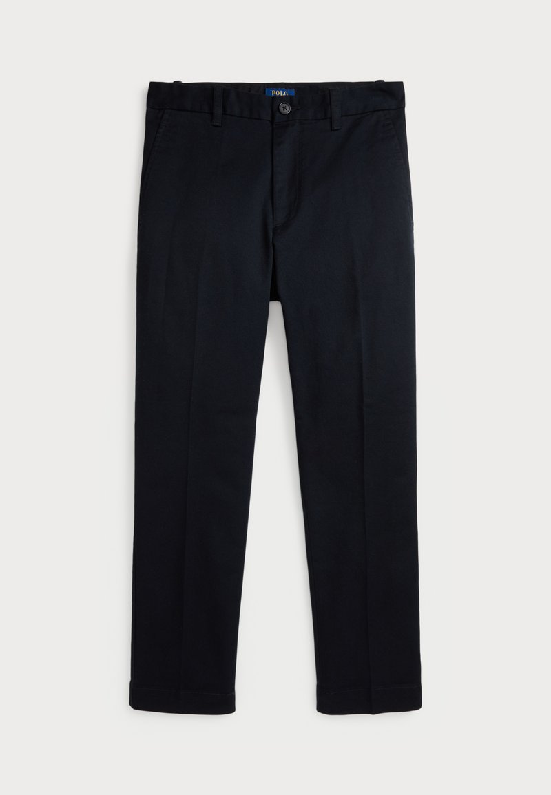 Black trousers with a flat front, a button closure, straight leg design, and pockets. Made from smooth cotton fabric with minimal stitching.