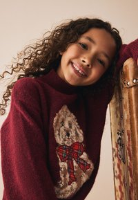 Pulover tricotat burgundy cu gât înalt, decorat cu un câine brodat cu o fundă în carouri roșii. Modelul se sprijină de o valiză texturată.