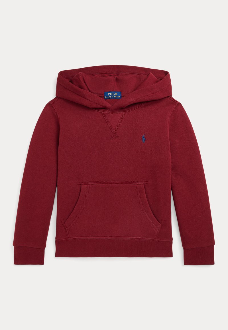 Sudadera color burdeos hecha de tela suave, que cuenta con un bolsillo frontal, capucha con cordón ajustable y un pequeño logo bordado en el pecho.